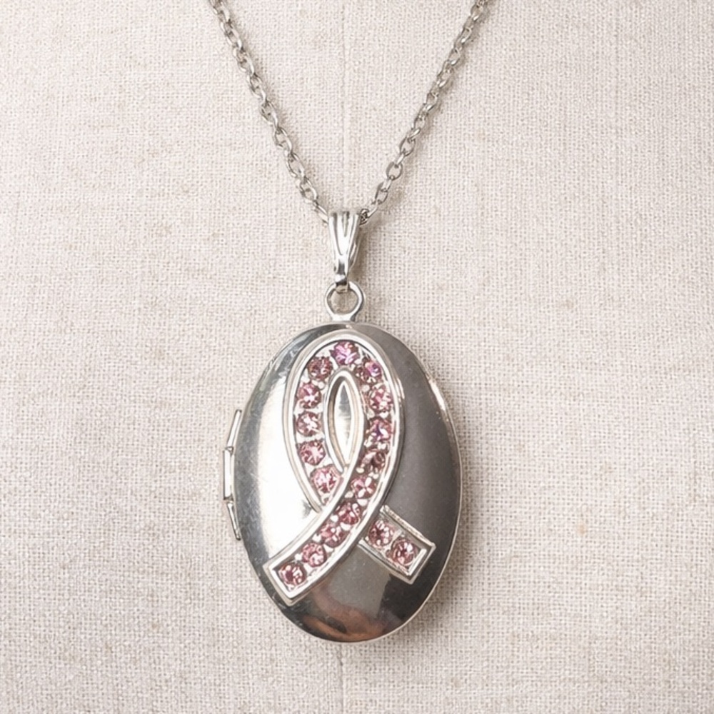 Avon Silver Tone Locket Breast Cancer Awareness Necklace Rhinestone Pink Ribbon